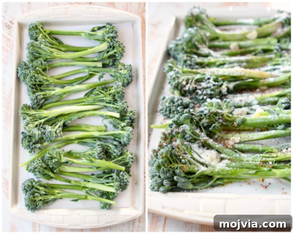 Golden Roasted Garlic Parmesan Broccolini 4 A visual guide showing the steps to prepare and roast garlic parmesan broccolini on a baking sheet.