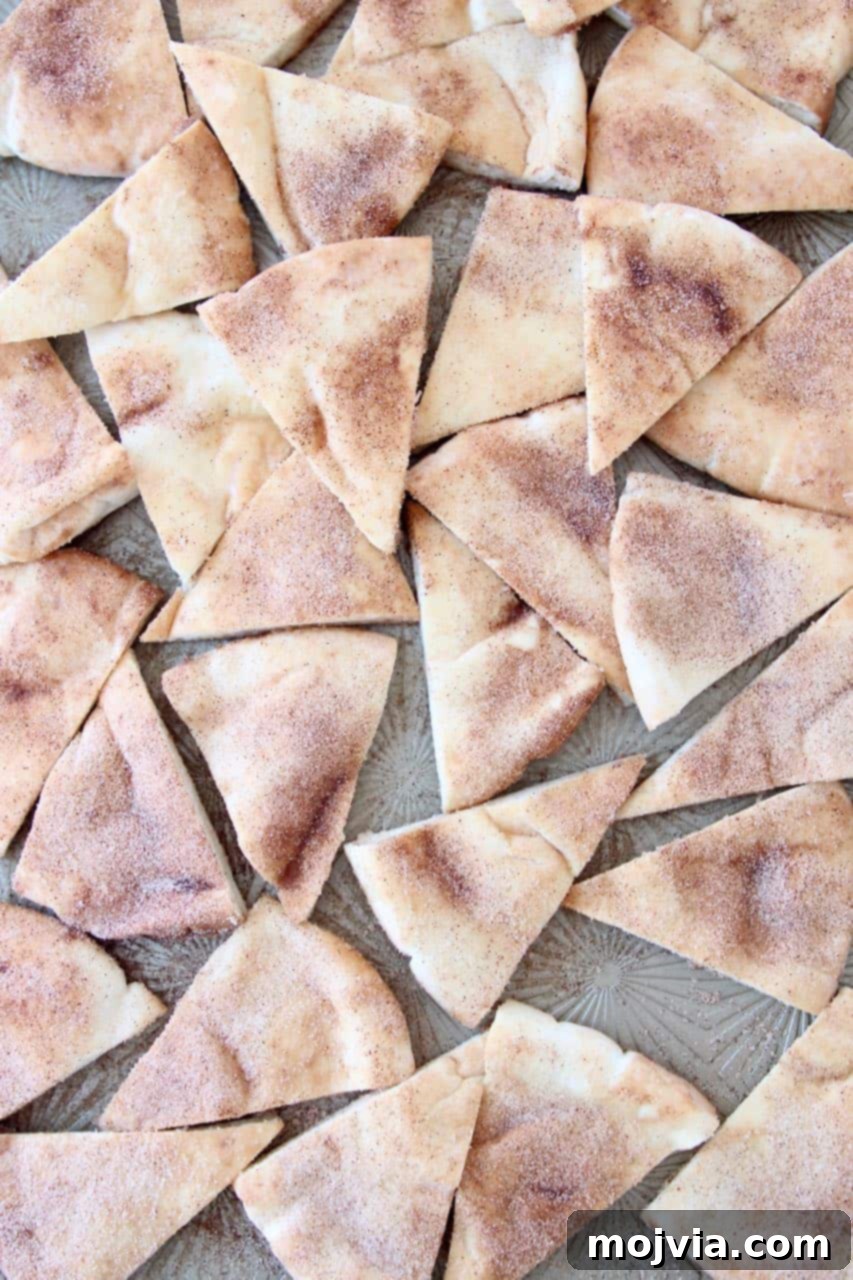 Homemade cinnamon sugar pita chips on baking sheet