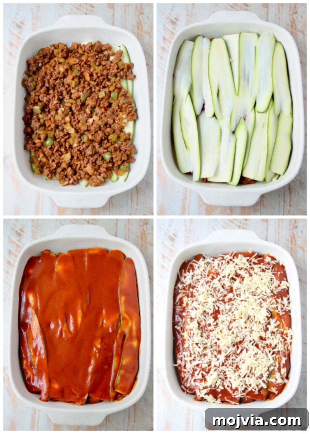 Instructional images of how to make low carb zucchini enchiladas with ground beef and red sauce