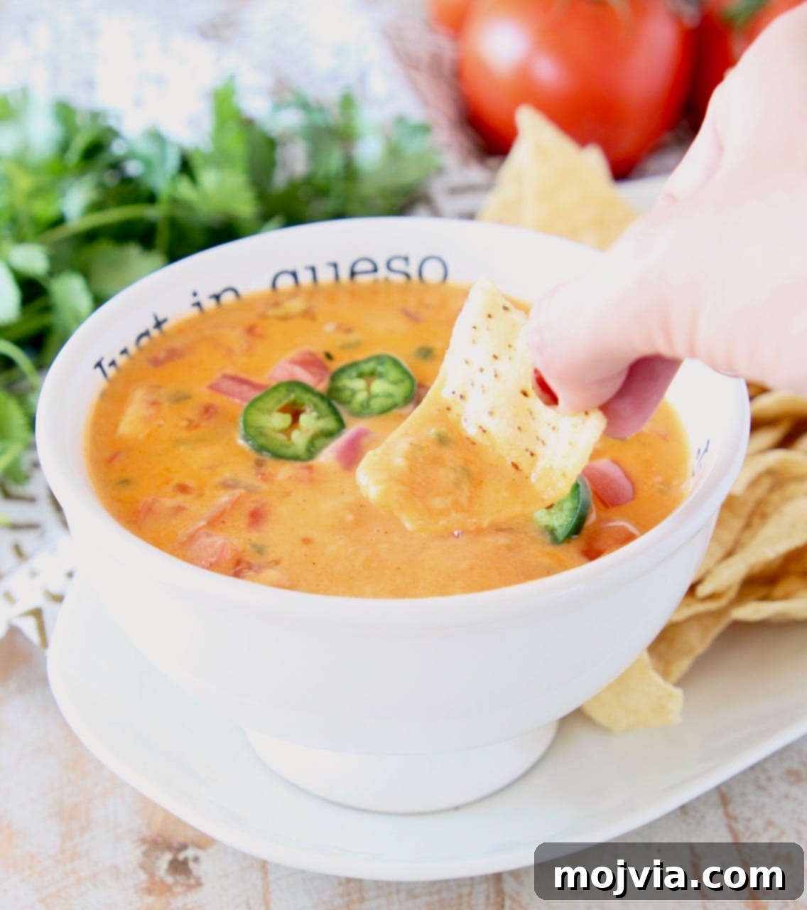 Zesty Buffalo Cheese Dip 3 A hand reaches into a white bowl of vibrant Buffalo Queso Dip with a tortilla chip, capturing the moment of delicious indulgence.