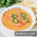 Zesty Buffalo Cheese Dip 5 A vibrant Buffalo Queso Dip in a white bowl, perfectly paired with crispy tortilla chips on the side, inviting you to dip and enjoy.
