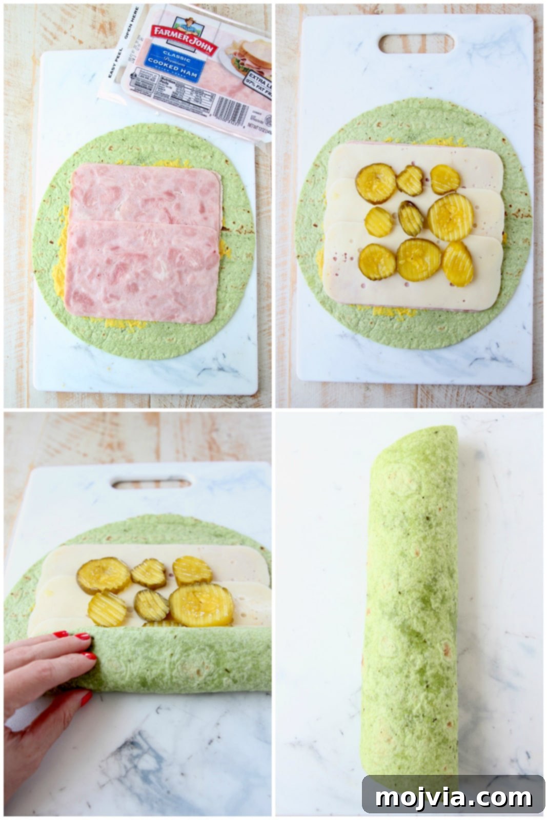 Step-by-step instructions for making Cuban sandwich pinwheels with ham, cheese, and pickles