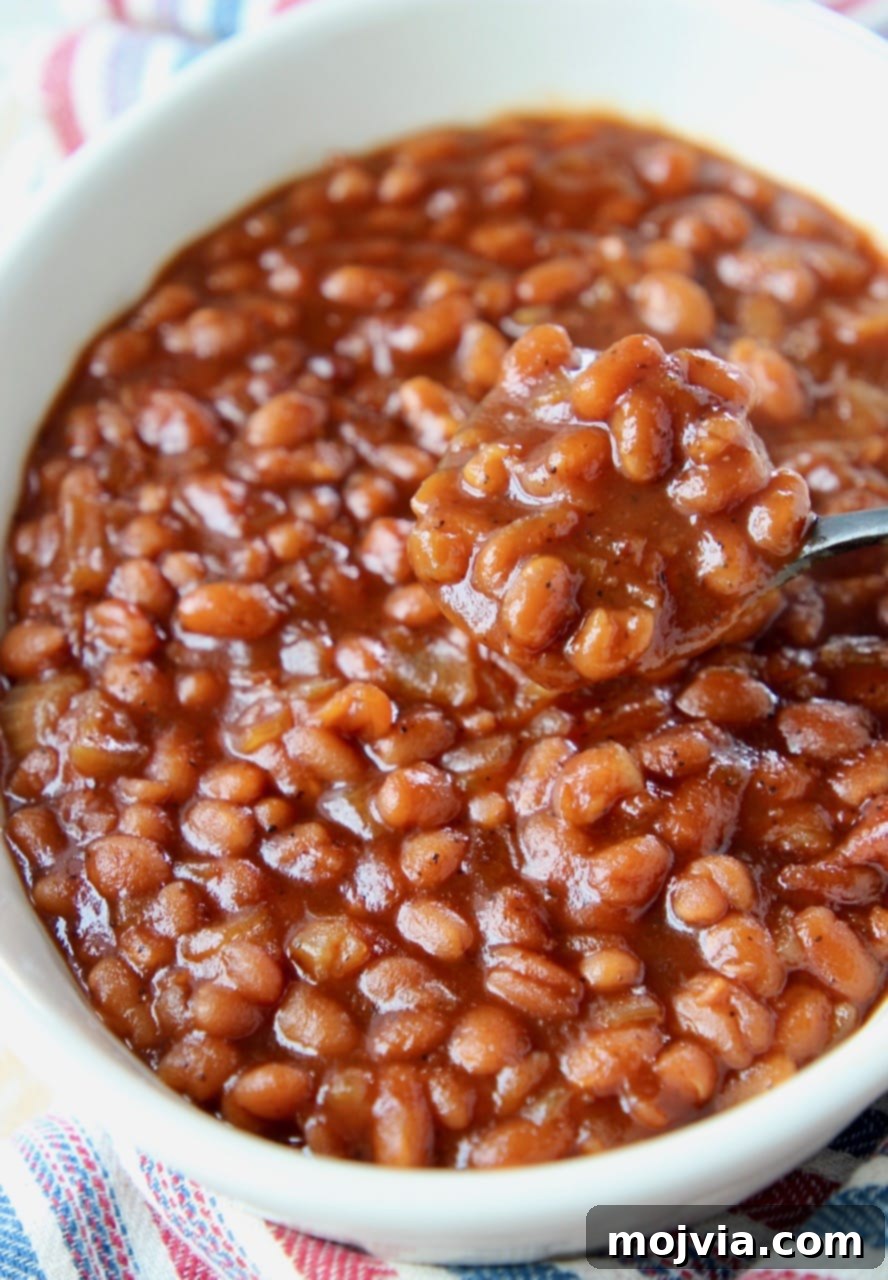 Dad's Legendary BBQ Baked Beans 2 A serving of perfectly cooked BBQ baked beans in a white bowl, with a spoon lifting some beans.