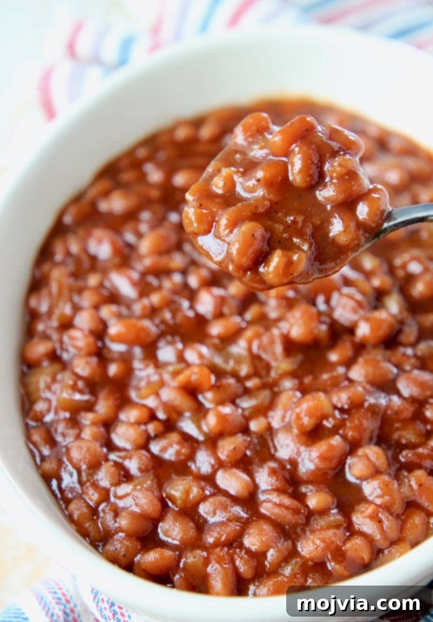 Dad's Legendary BBQ Baked Beans 5 A close-up of a spoonful of tender BBQ baked beans being lifted from a rustic bowl, showcasing the rich texture.