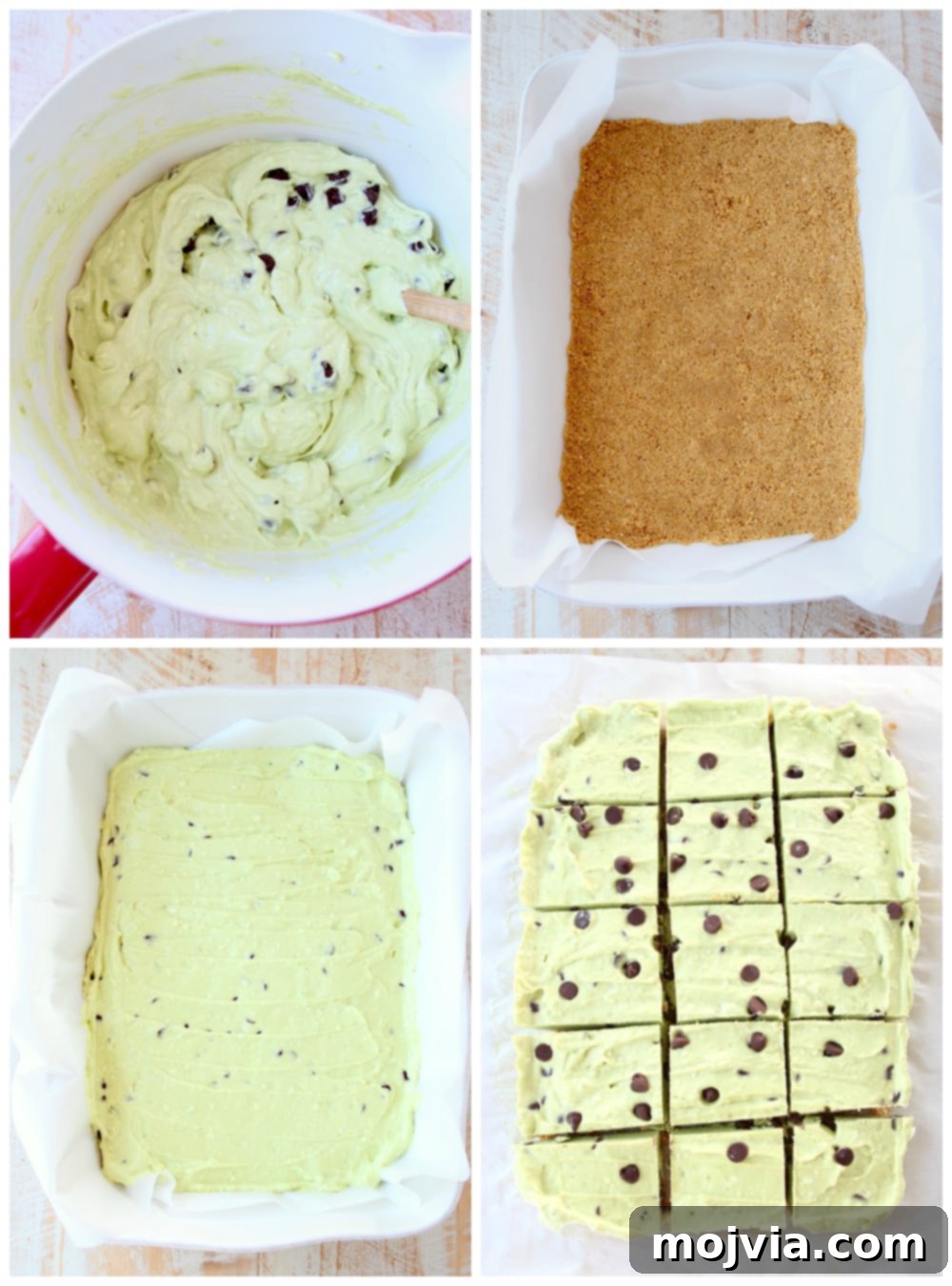 Effortless Avocado Bliss Bars 4 Instructional images showing the steps to make avocado cheesecake, from crust preparation to freezing, simplifying the recipe.