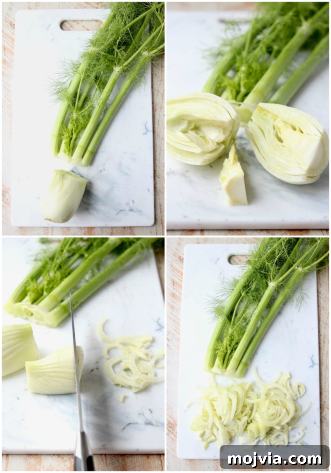 Sun-Kissed Mediterranean Frittata 5 Step-by-step instructional images demonstrating how to properly chop fennel, including separating bulb, stalks, and fronds.