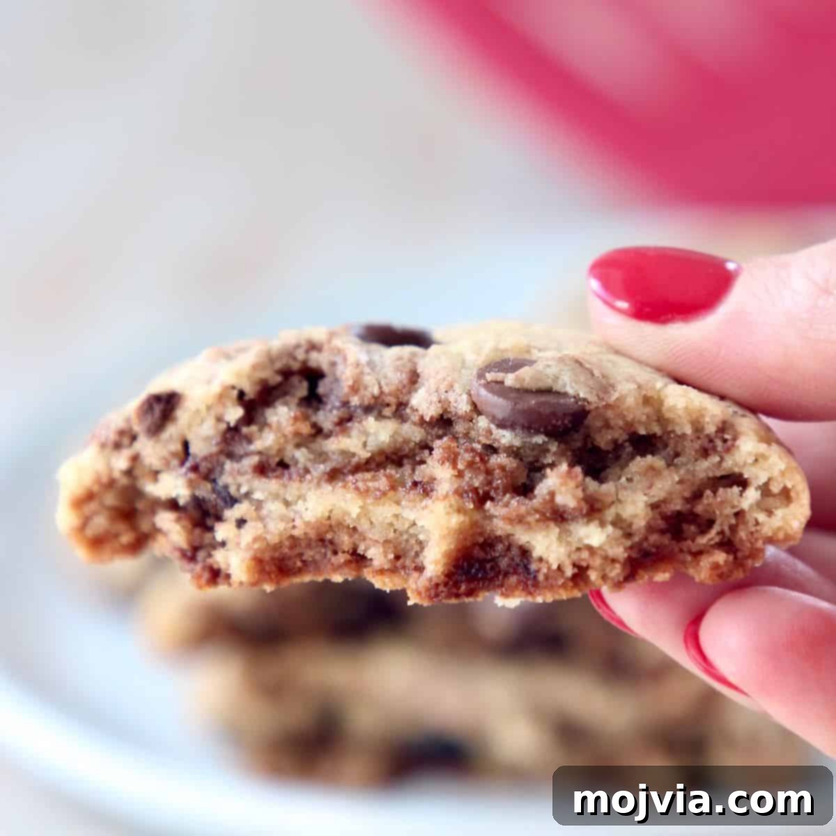 Nutella Swirl Chocolate Chip Cookies 3 A hand holding half of a soft and chewy Nutella chocolate chip cookie, showing its rich texture