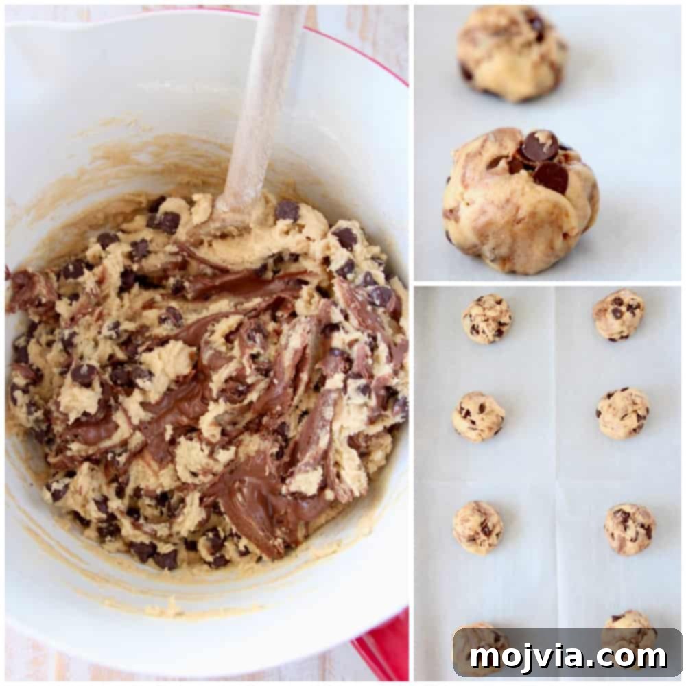 Nutella Swirl Chocolate Chip Cookies 4 Collage of images showing step-by-step how to make nutella chocolate chip cookies, from mixing ingredients to swirling Nutella