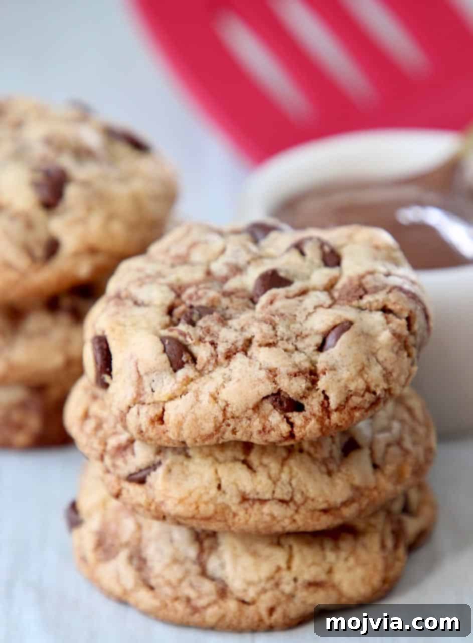 Nutella Swirl Chocolate Chip Cookies 5 Stacked Nutella chocolate chip cookies on a plate, ready to be enjoyed