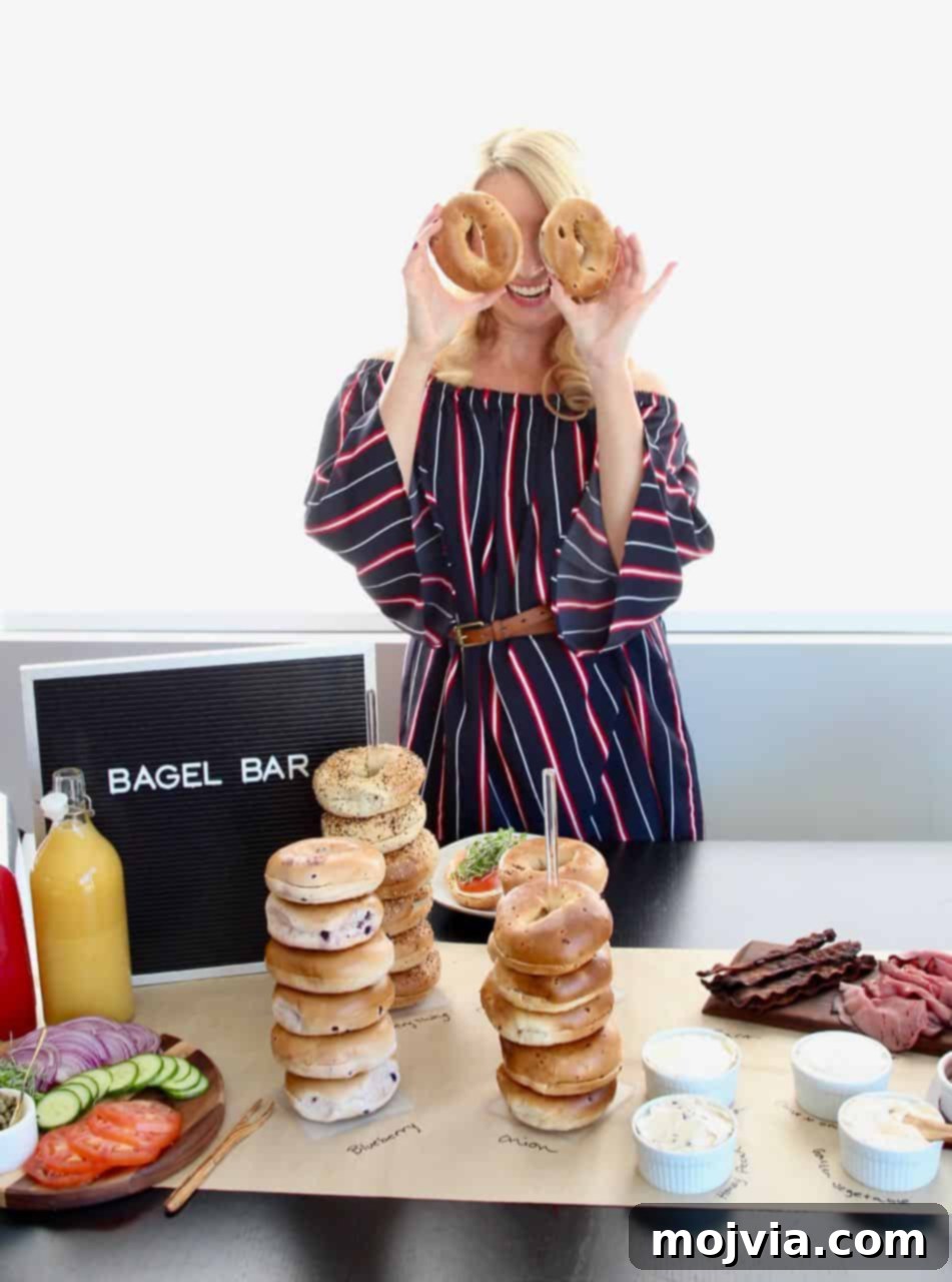 The Easy Bagel Bar Blueprint 2 A vibrant Bagel Bar setup with various bagels, cream cheeses, and toppings, inviting guests to create their own custom bagel.