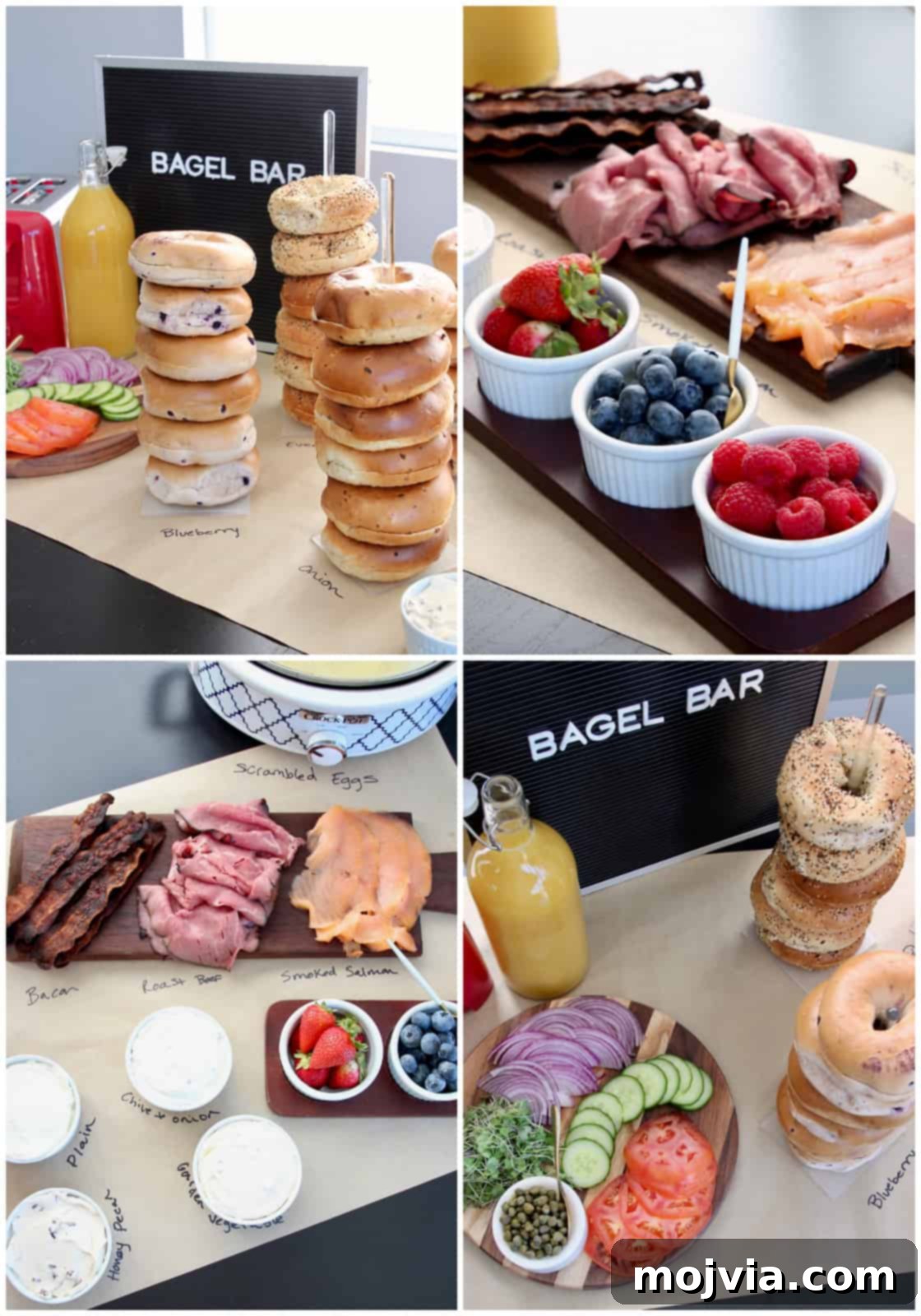 The Easy Bagel Bar Blueprint 3 A collage of images showcasing a beautifully arranged bagel bar with various components.