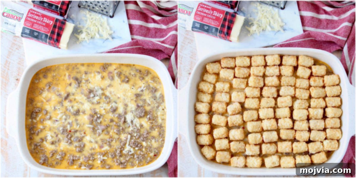 Golden Cheesy Tater Tot Bake 4 Instructional images for how to make a Tater Tot Breakfast Casserole