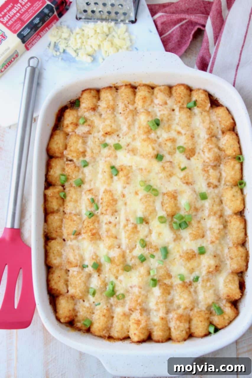 Golden Cheesy Tater Tot Bake 6 Tater tot casserole in baking dish
