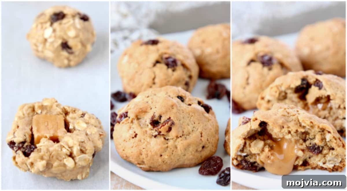 Caramel Core Oatmeal Raisin Cookies 4 A visual step-by-step collage demonstrating the process of making caramel-filled oatmeal raisin cookies, from dough preparation to wrapping the caramel and baking.