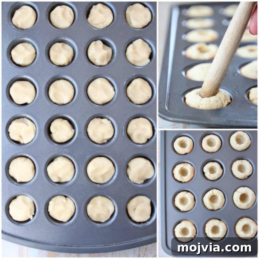 Creamy-Filled Sugar Cookie Cups 4 Collage of images showing how to make sugar cookie cups in a mini muffin tin