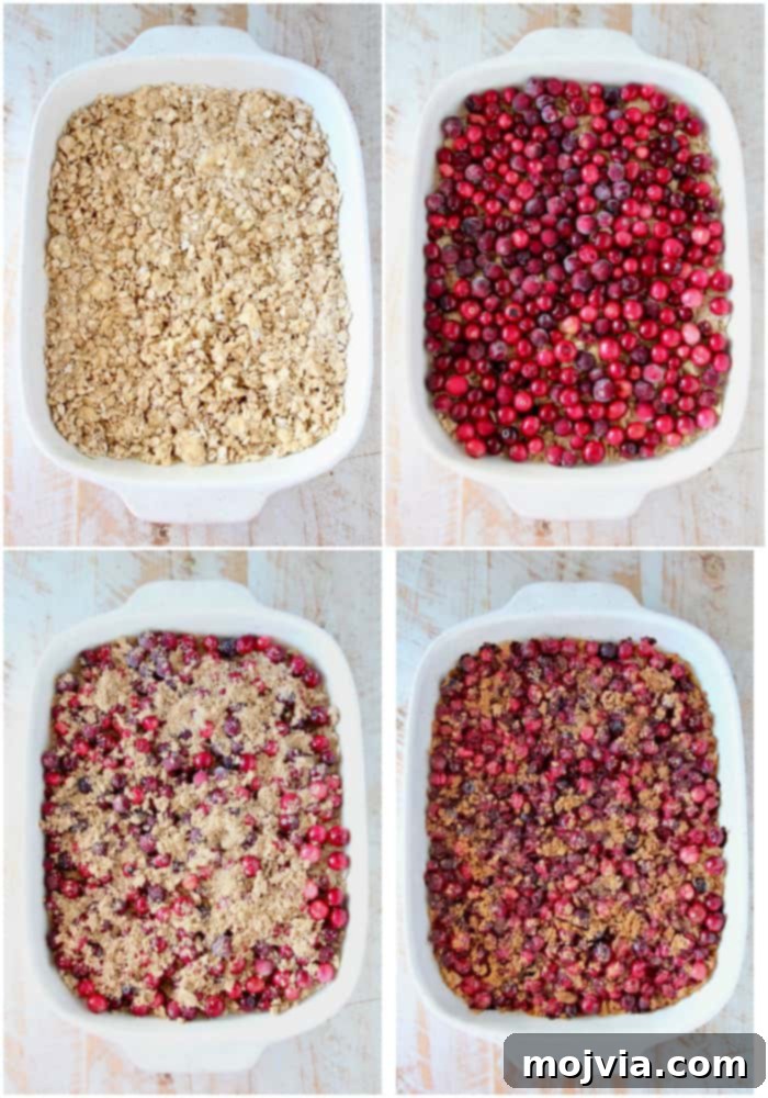 A collage of step-by-step images demonstrating the process of making Oatmeal Cranberry Bars, from mixing ingredients to layering in the pan.