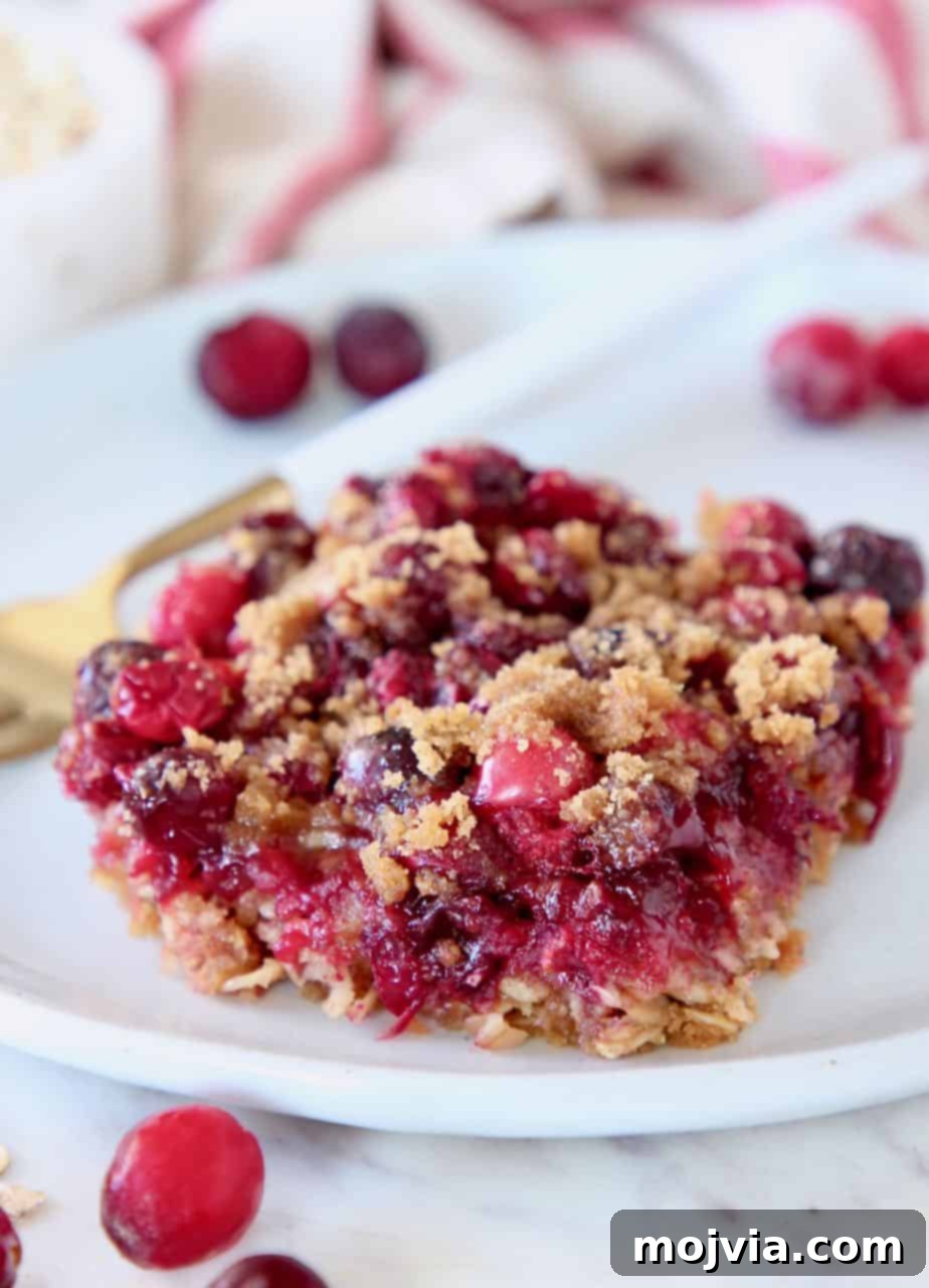 A single Oatmeal Cranberry Bar served on a white plate with a fork and a scattering of fresh cranberries for garnish.