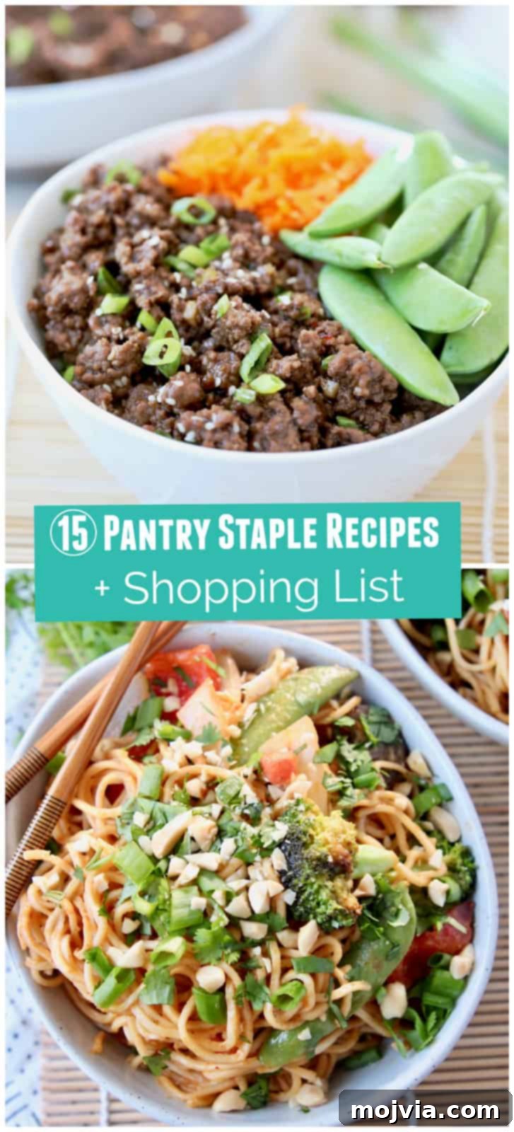 Pantry Power: Simple Recipes and Your Shopping List 2 Collage of easy pantry staple meals including a hearty BBQ ground beef bowl and flavorful noodles with vegetables