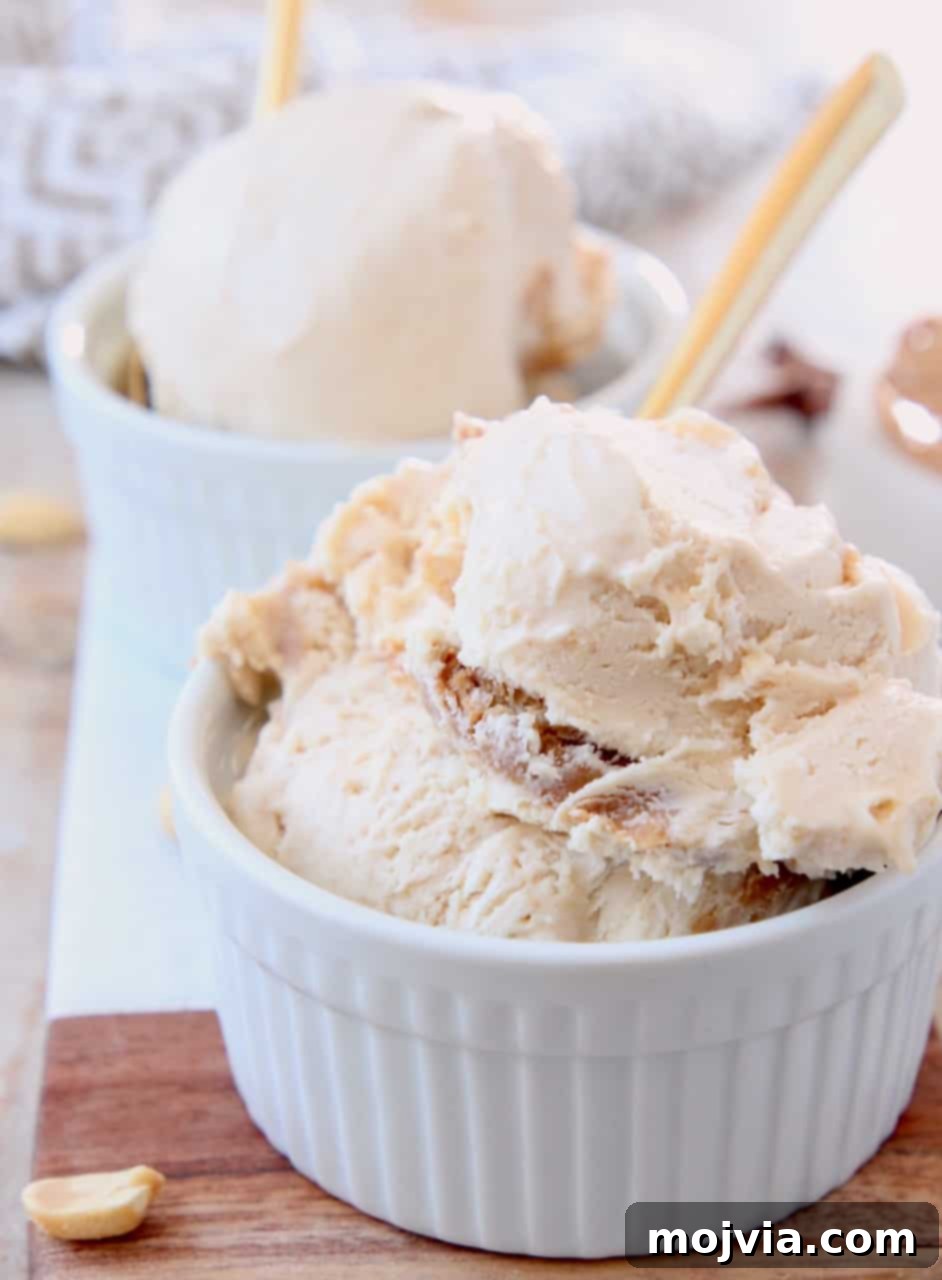 Creamy No-Churn Peanut Butter Ice Cream 2 Scoops of rich, creamy no-churn peanut butter ice cream in a small white bowl with a gold spoon, showcasing the delicious peanut butter swirl.