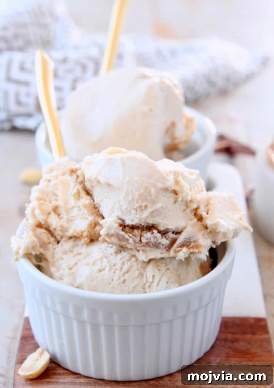 Creamy No-Churn Peanut Butter Ice Cream 3 Two white bowls filled with scoops of homemade no-churn peanut butter ice cream, each with a gold spoon, inviting you to taste.