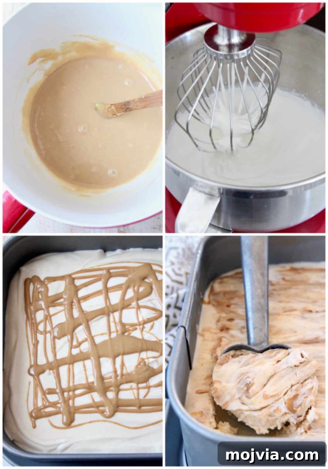 Creamy No-Churn Peanut Butter Ice Cream 4 A collage of sequential images demonstrating the simple steps to make no-churn peanut butter ice cream from mixing to swirling.