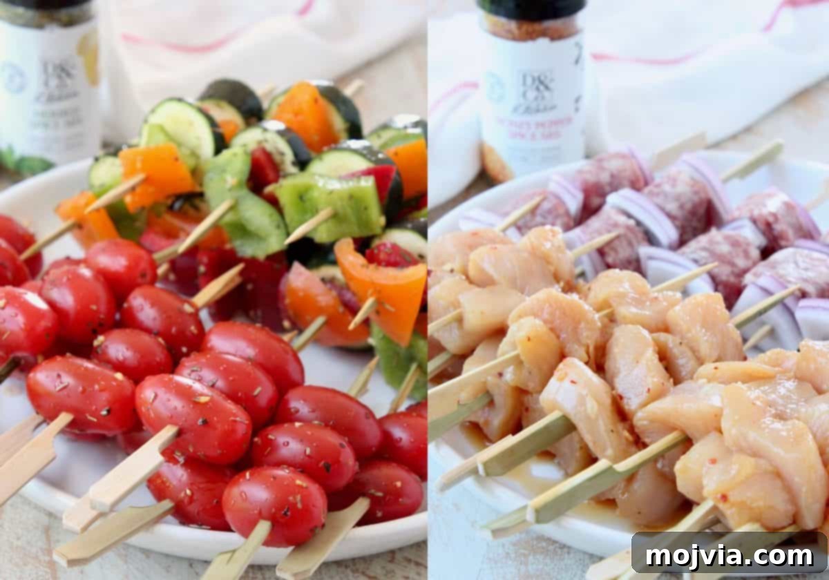 Grilled Bites Charcuterie Board 4 Raw mini skewers of marinated chicken, sliced bratwurst with red onion, zucchini, bell peppers, and cherry tomatoes on two serving plates
