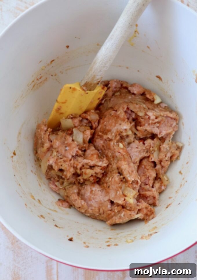 Ground turkey mixed thoroughly with spices, breadcrumbs, and egg in a large bowl.
