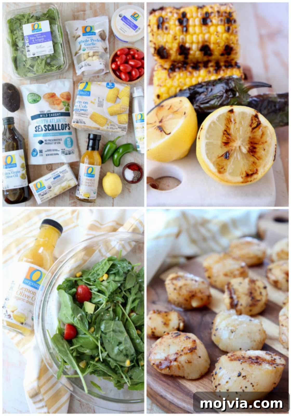 Grilled Scallops with Zesty Jalapeño-Lemon Butter 3 A collage showing the various components of the grilled scallop meal: fresh ingredients, grilled corn, grilled scallops on the grill, and the final plated dish.