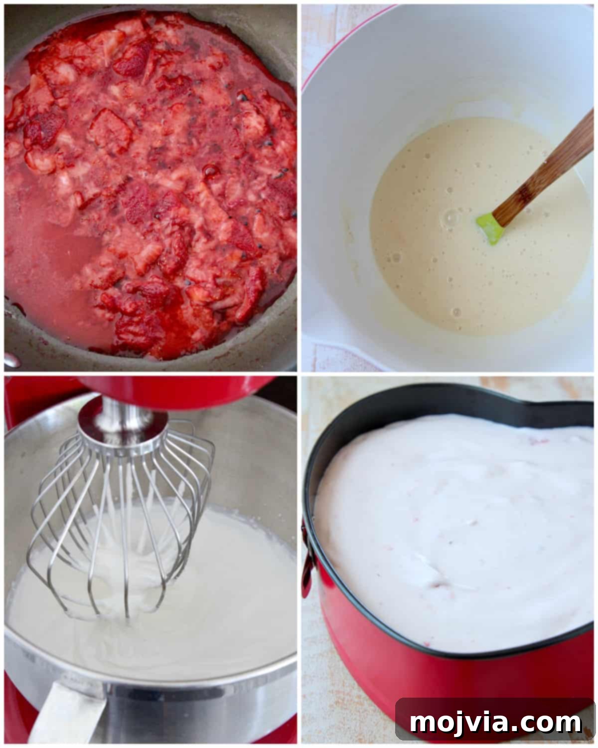 Collage of step-by-step images demonstrating how to make homemade strawberry ice cream