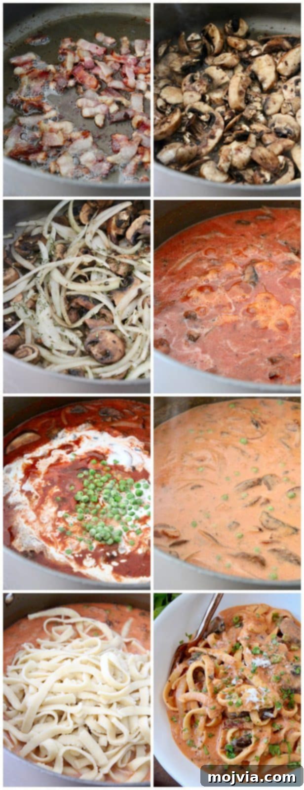 Pasta Boscaiola: Creamy Forest Mushrooms & Smoked Bacon 4 Collage of images showing how to make boscaiola sauce