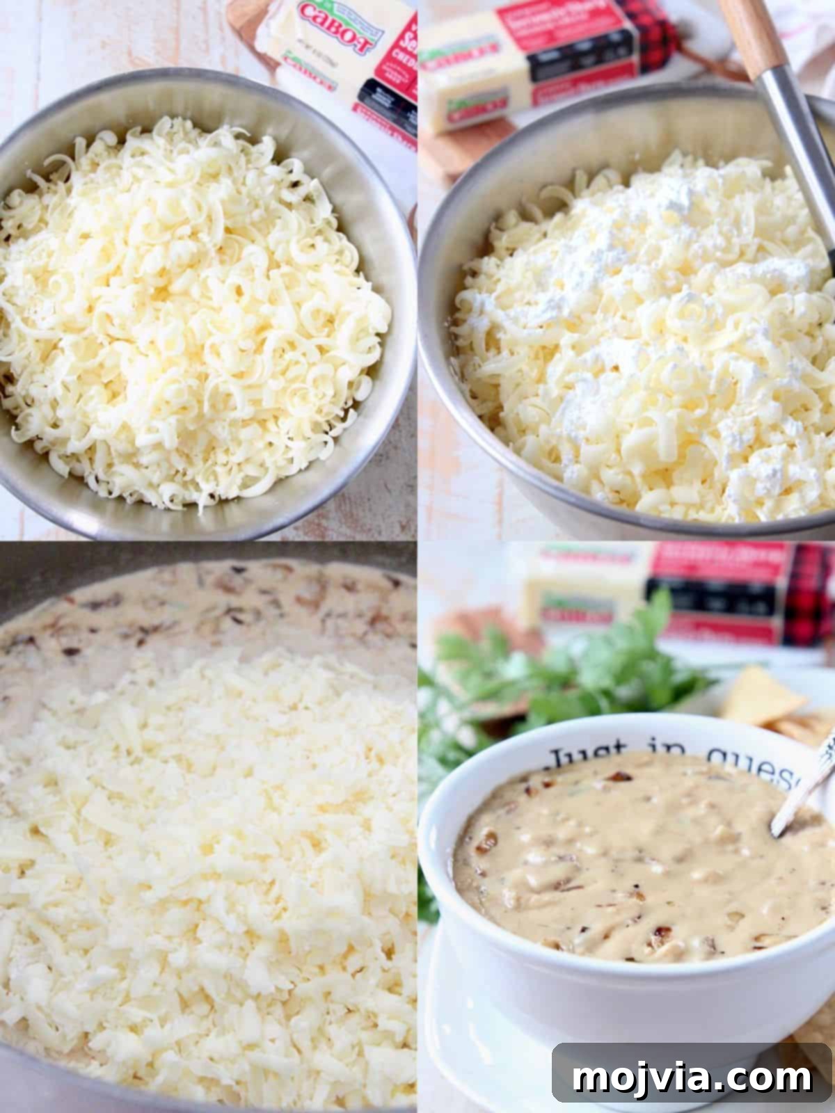 Caramelized Onion Queso Dip 3 A collage demonstrating the visual steps to prepare French Onion Dip Queso, from chopping onions to melting cheese, showcasing the vibrant ingredients.