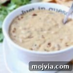 French onion dip queso in bowl with spoon