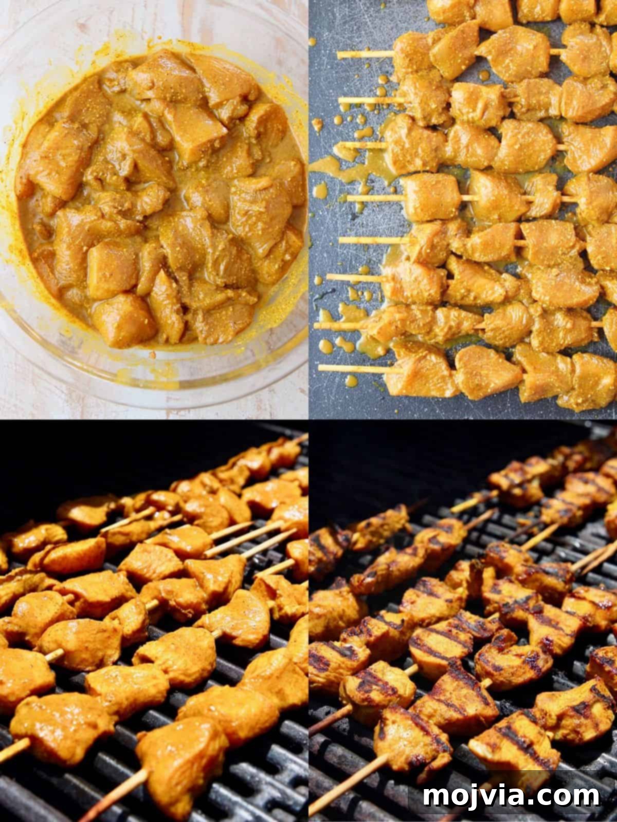 Succulent Thai Chicken Satay with Velvety Peanut Sauce 4 A step-by-step collage illustrating the process of making homemade chicken satay, from marinating the chicken to skewering and finally grilling the tender chicken pieces to perfection.