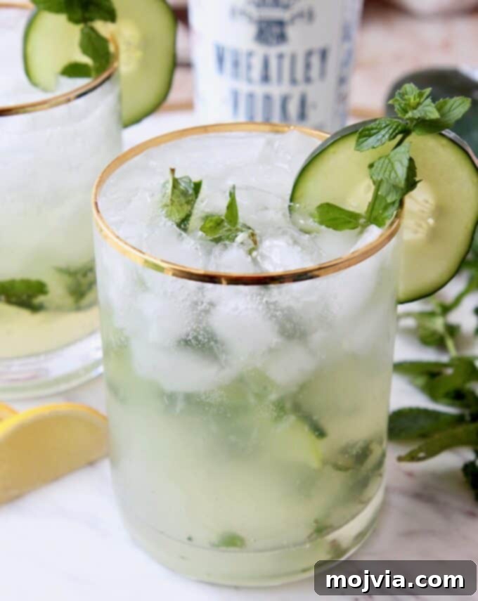 Crisp Cucumber Mint Vodka 2 Cocktail in glass with mint spring and slice of cucumber