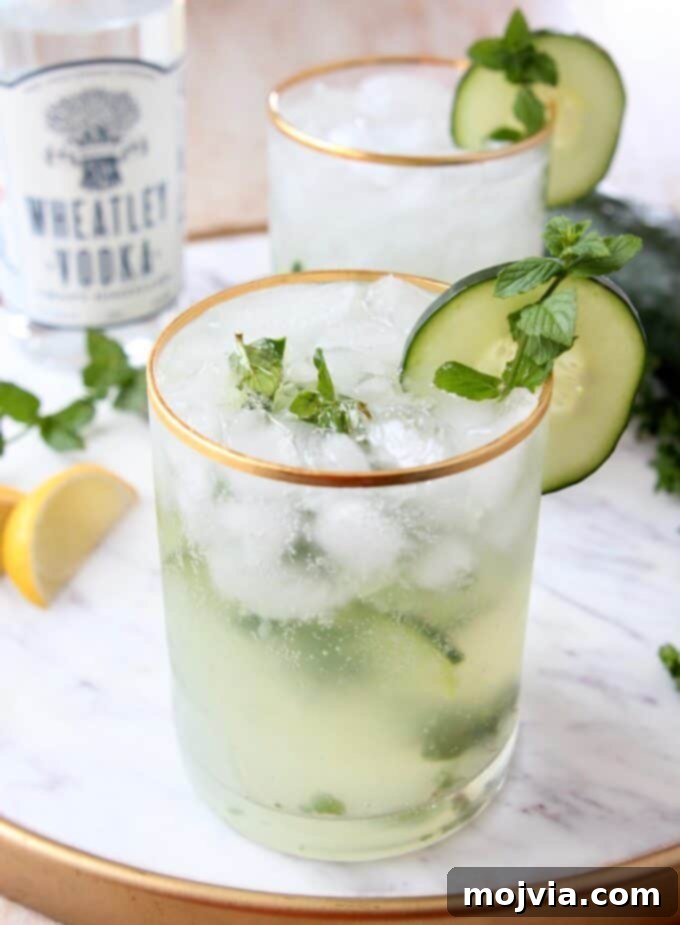 Crisp Cucumber Mint Vodka 5 Cocktails in gold rimmed glasses garnished with cucumber slice and mint sprigs