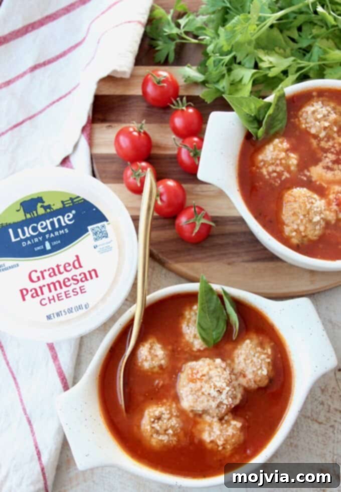 Five-Ingredient Italian Meatball Magic 3 Overhead image of Italian meatball soup in bowls