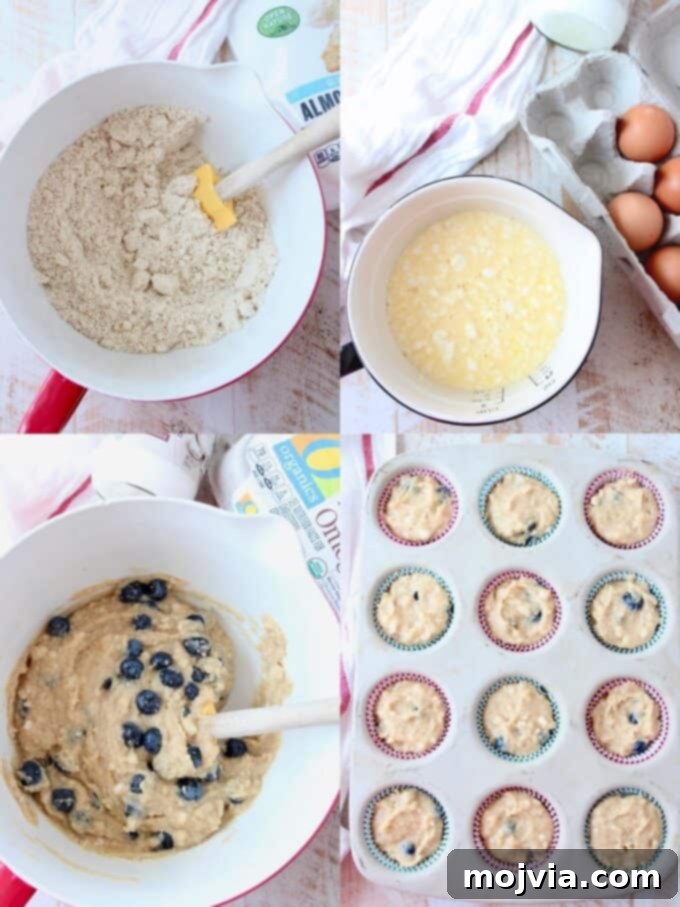 Guilt-Free Almond Blueberry Muffins 4 A visual collage illustrating the step-by-step process of preparing low-carb almond flour blueberry muffins, from mixing ingredients to folding in blueberries.