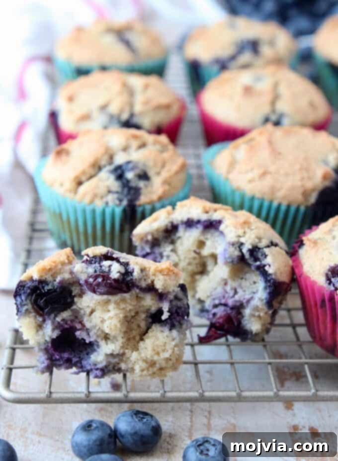 Guilt-Free Almond Blueberry Muffins 7 A warm, freshly baked almond flour blueberry muffin, beautifully cut in half to reveal its tender, moist interior and abundance of blueberries, resting on a wire baking rack.