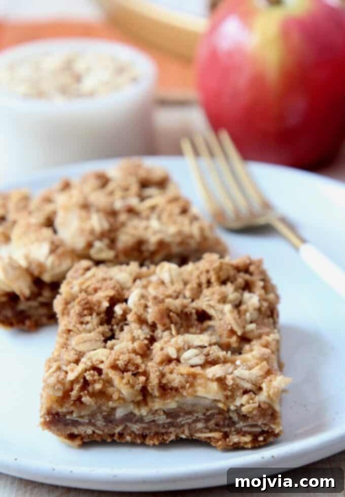Harvest Pumpkin Spice Apple Oat Bars 2 apple oatmeal bars on plate with fork
