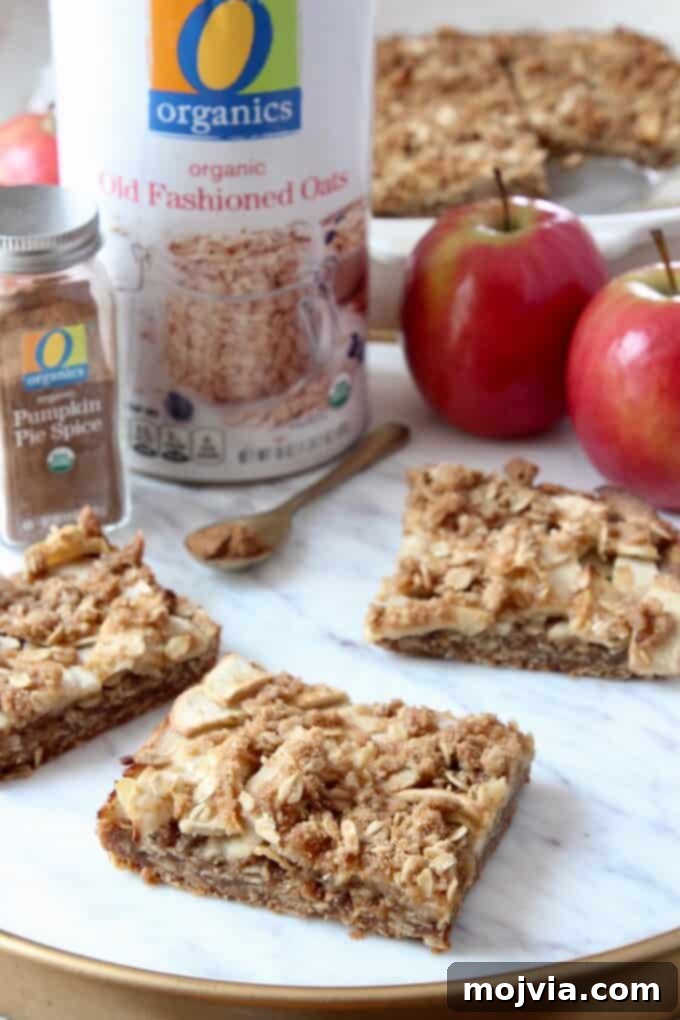 Spiced Apple Pumpkin Oat Bars 6 Pumpkin spice apple oatmeal bars arranged on a elegant marble serving tray, with fresh apples scattered nearby.