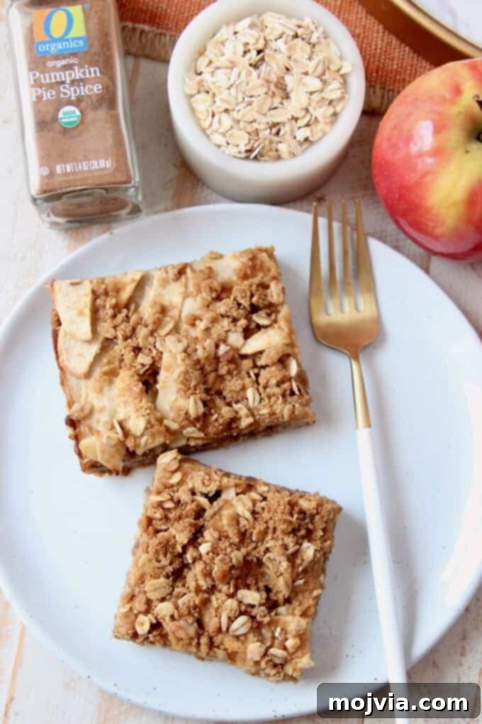 Spiced Apple Pumpkin Oat Bars 7 An overhead view of a single pumpkin spice apple oatmeal bar on a white plate with a spoon, highlighting its delightful texture.