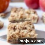 Spiced Apple Pumpkin Oat Bars 8 A single oatmeal bar presented on a silver pie server, showcasing its delicious layers and crumble topping.