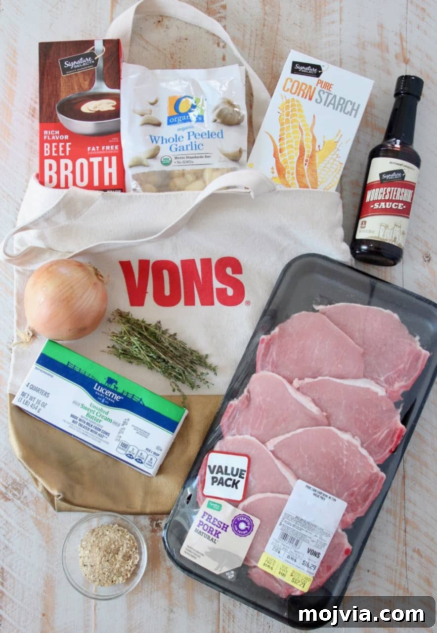 Slow Cooker French Onion Pork Chops 3 Fresh ingredients laid out for making French Onion Pork Chops in a slow cooker