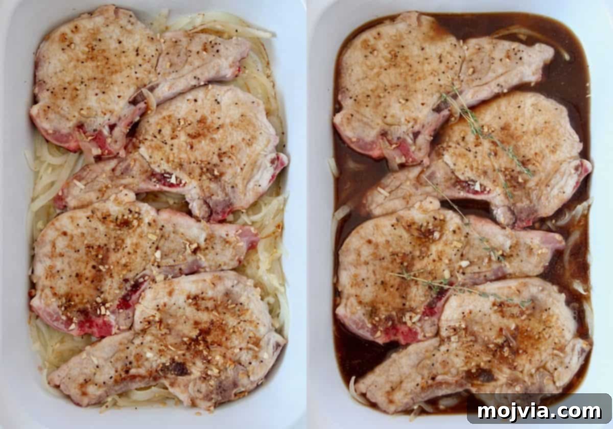 Slow Cooker French Onion Pork Chops 4 Side-by-side images showing pork chops searing in a skillet and then transferring to a slow cooker with onions and beef broth