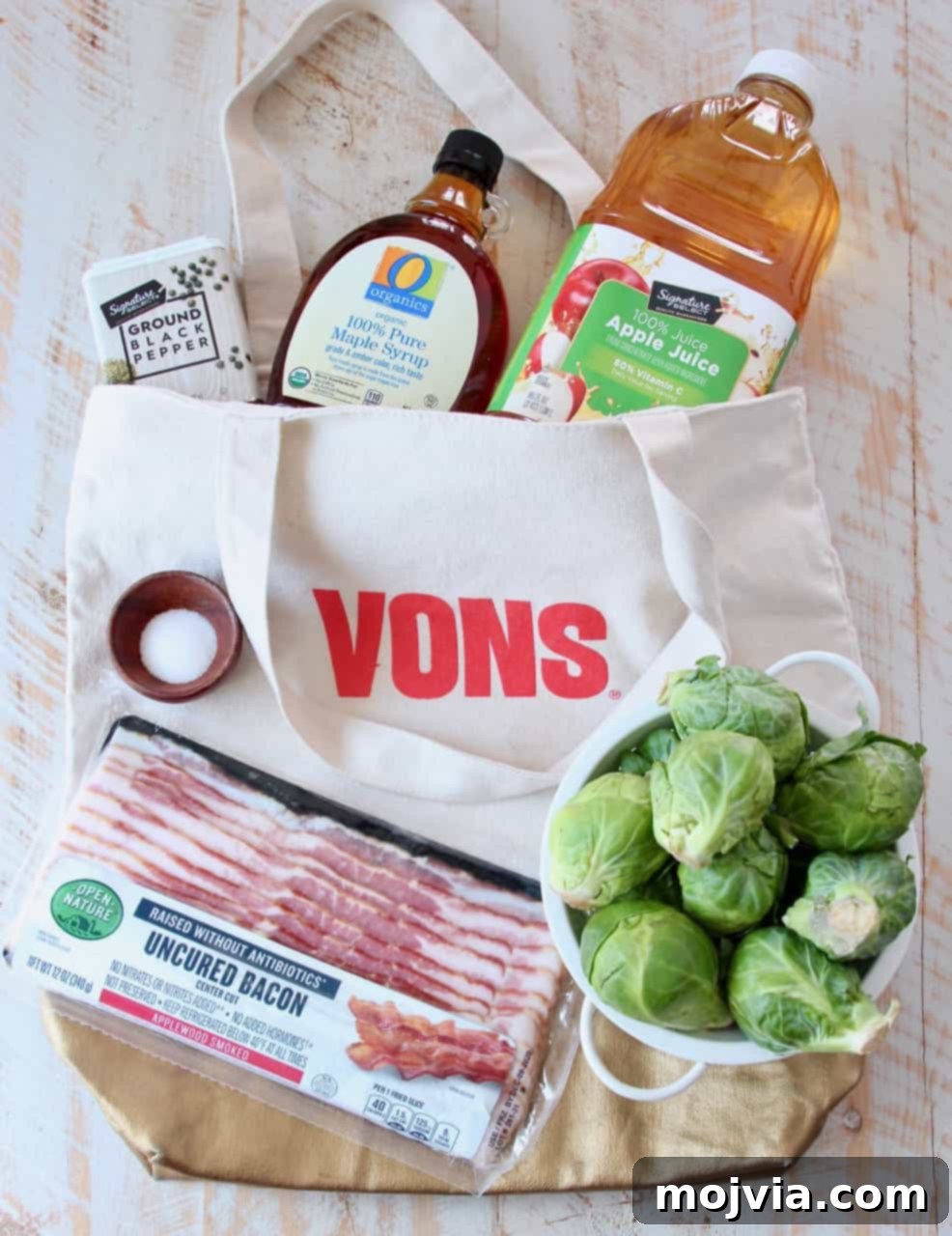 Roasted Maple Bacon Brussels Sprouts 3 Ingredients for maple bacon brussel sprouts in Vons canvas bag