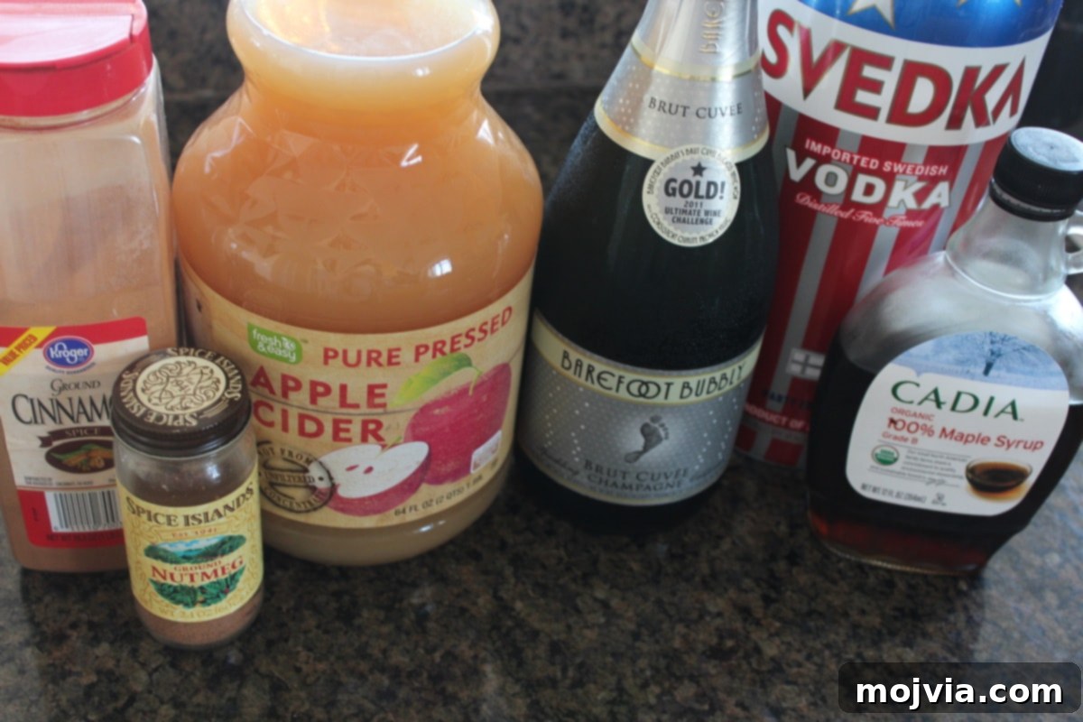 Apple Cider Champagne Punch Ingredients Collection of ingredients for an Apple Cider Champagne Cocktail, including apple cider, vodka, maple syrup, ground cinnamon, ground nutmeg, and a bottle of champagne.