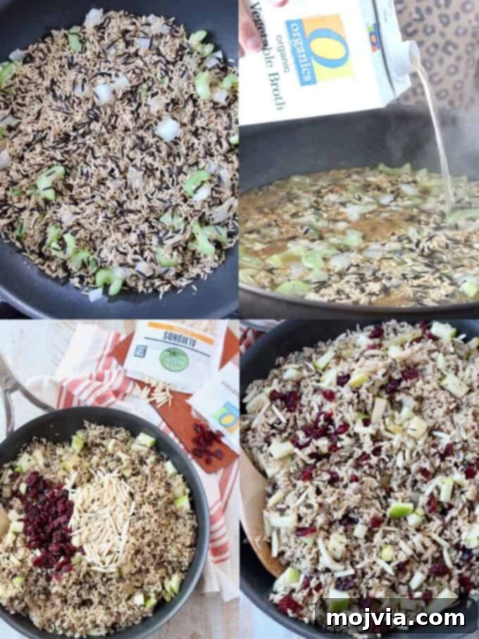 Jeweled Wild Rice Pilaf with Apples and Cranberries 4 A collage of images illustrating the step-by-step process of how to make Wild Rice Pilaf stuffing from sautéing to mixing.