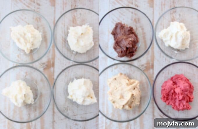 Festive Dessert Platter with Dreamy Cream Cheese Dip 6 overhead image of dessert cream cheese dips in glass bowls