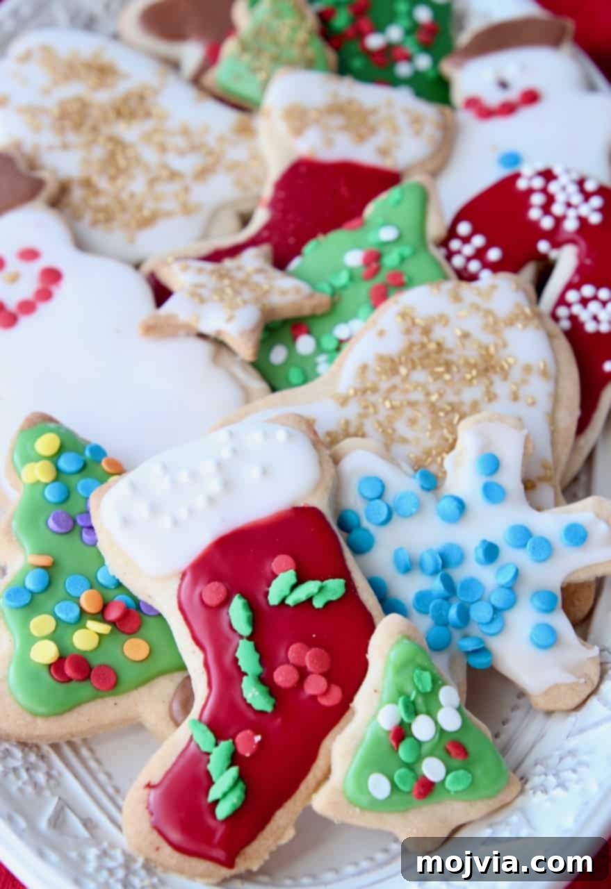 Decorated holiday sugar cookies on plate