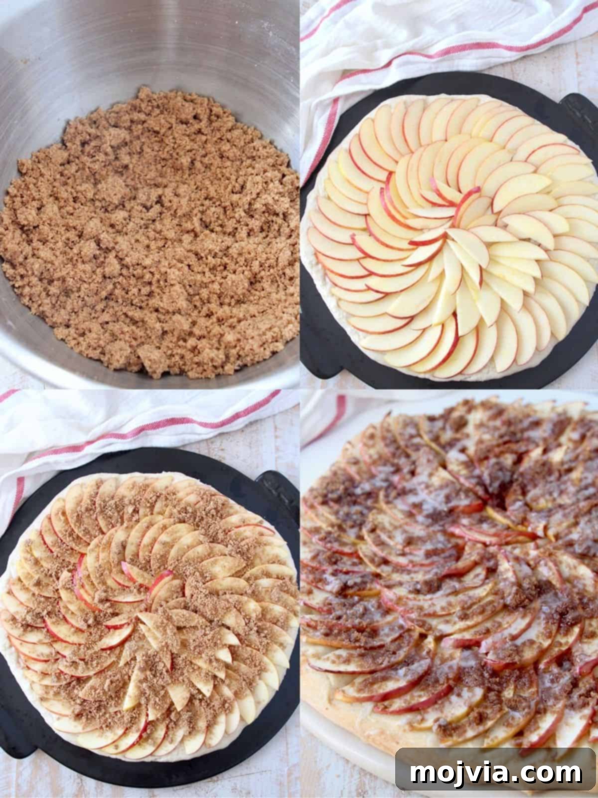 Cinnamon Streusel Apple Dessert Pizza 4 Collage of images demonstrating the step-by-step process of making apple dessert pizza, from dough prep to baking.
